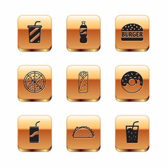 Set Glass with water, Soda can drinking straw, Taco tortilla, Burrito, Pizza, Burger, and Bottle of icon. Vector