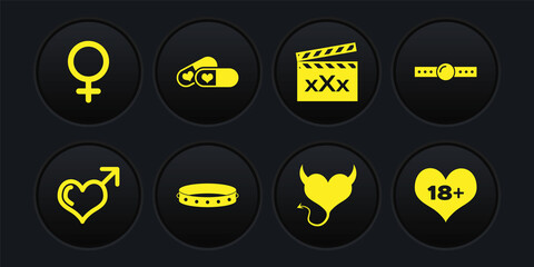 Set Male gender and heart, Silicone ball gag, Leather fetish collar, Devil with horns, Movie clapper Sex, Pills for potency, 18 plus content and Female symbol icon. Vector