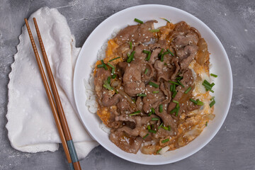 Sliced pork over rice with Japanese Teriyaki sauce menu in Korea and Japanese restaurant.