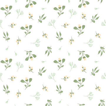 Seamless pattern with simple doodle-style plants on a transparent background.Vector illustration with spring lilies of the valley. For printing on fabric, for the background on the website with childr