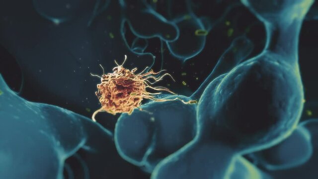 Macrophage catching and consuming a bacterium. Phagocytosis.