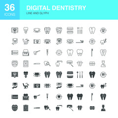 Digital Dentistry Line Web Glyph Icons. Vector Illustration of Dental Outline and Solid Symbols. 
