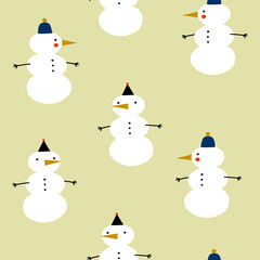 Vector winter seamless pattern. Snowman cute fabric design. Snowmen on beige background. Simple and stylish Scandinavian repeat texture.