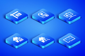 Set House plan, Hanging sign with Open house, Search, Rising cost of housing, contract and For Rent icon. Vector