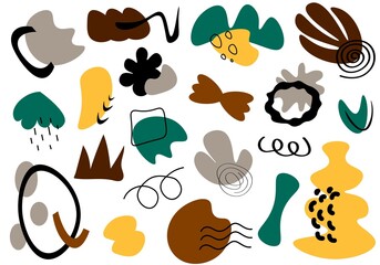 Set of vector abstract doodles. Isolated objects of various shapes. Modern colored pattern. Flat style illustration.	