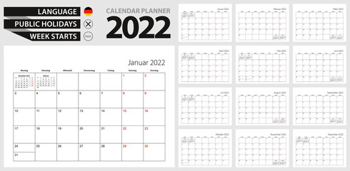 German calendar planner for 2022. German language, week starts from Monday.