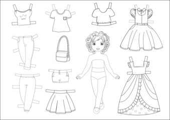 Cute paper doll and clothes Black and white  set.