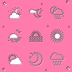 Set Cloud with moon and stars, rain, Sunset, cloud weather and Moon icon. Vector