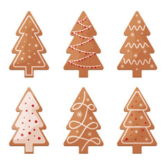 Cute gingerbread set. Christmas gingerbread in the shape of Christmas trees. Festive pastries. A collection of Christmas cookies in the shape of a Christmas tree. Vector illustration