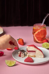 Mousse cake in shape of heart. Origami form. Velor cover. Homemade pastry shop. Gift for Valentine's Day.