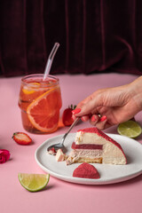 Mousse cake in shape of heart. Origami form. Velor cover. Homemade pastry shop. Gift for Valentine's Day.