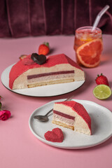 Mousse cake in shape of heart. Origami form. Velor cover. Homemade pastry shop. Gift for Valentine's Day.