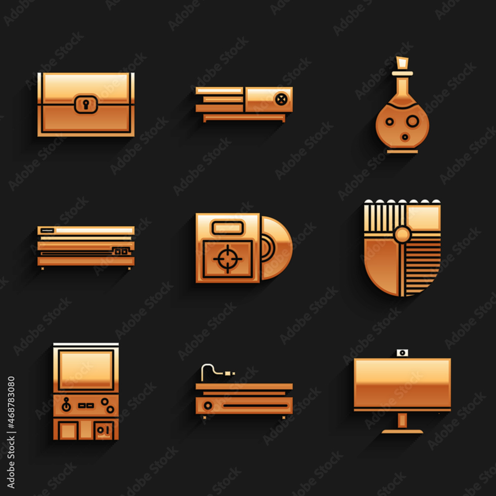Poster set cd or dvd disk in box, video game console, computer monitor, shield for, retro arcade machine, b