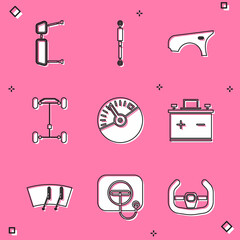 Set Truck side mirror, Shock absorber, Car fender, Chassis car, Speedometer, battery, Windscreen wiper and Oil filler cap gas station icon. Vector