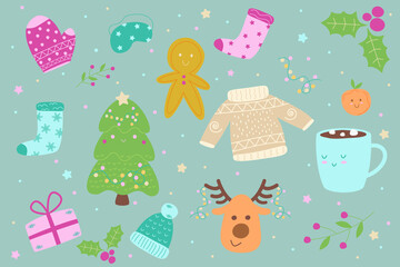 Vector illustration set of christmas stuff isolated on grey blue background. Cute winter clothes and other stuff.