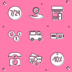 Set Clock 24 hours, Hand holding coin money, Shopping building or market store, Coin, Delivery cargo truck vehicle, Wallet, Telephone and Stacks paper cash icon. Vector