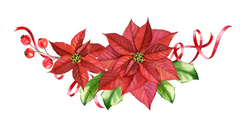Christmas composition with holly berries, poinsettia flowers, festive ribbons. Watercolor hand painted illustration of arch for winter holiday season, greeting cards, banners, calendars