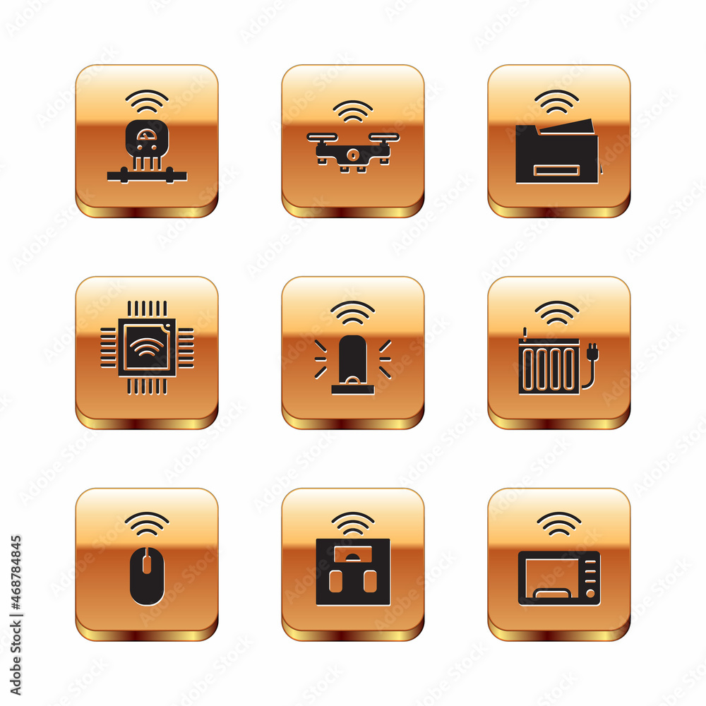 Poster set smart sensor, wireless mouse, bathroom scales, flasher siren, processor with microcircuits cpu, 
