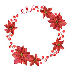 Christmas watercolor wreath. Hand painted illustration with red berries and poinsettia flowers. Winter holiday background isolated on white for greeting card and wrapping paper