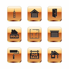 Set Skyscraper, Paint roller brush, Hanging sign with For Sale, House plan, text Sold, Closed door, and Garage icon. Vector