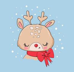 Hand Drawn Cute Little Deer and bow cartoon character children print on t-shirt. Vector christmas illustration