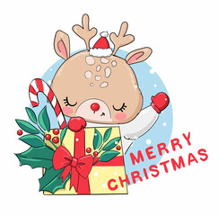 Hand Drawn Cute Little Deer and a Christmas gift. Print design. Vector Illustration.