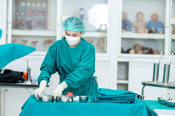 First Aid Kit set of dressing wound instrument on sterile table