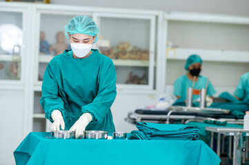 First Aid Kit set of dressing wound instrument on sterile table