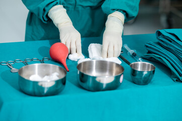 First Aid Kit set of dressing wound instrument on sterile table