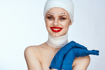 beautiful woman Red lips plastic surgery operation bare shoulders close-up