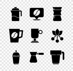Set French press, Location with coffee bean, Pour over maker, Coffee cup to go, turk, and Irish icon. Vector