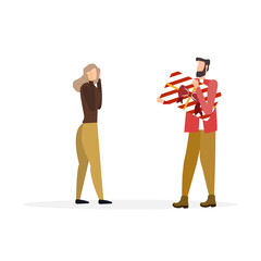 man gives a gift to a woman for Christmas and New Year holidays, vector illustration