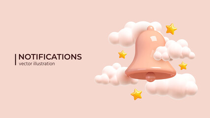 Notification message bell icon alert and alarm icon. Bell notification Icon with gently pink clouds and stars in trandy colors. Realistic 3d object. 3d vector illustration.