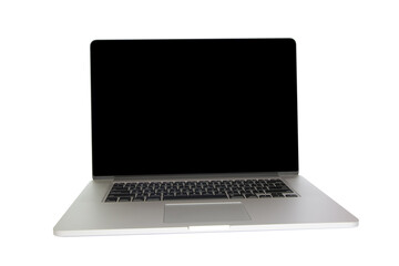 Flat morden laptop isolated on white background. Front angle view. Black screen. Computer device mockup. Copy space - 468787817
