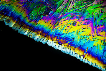 Colorful crystals under microscope, polarization colors, polar filters