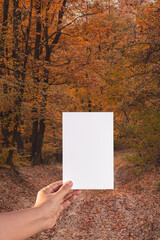 hand holding empty white sheet of paper. autumn background with road on a hill. sunny autumn day.