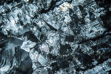 Colorful crystals under microscope, polarization colors, polar filters