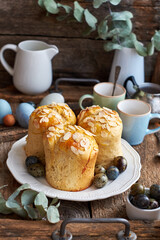 Easter cake with almond chips. Wooden background, side view