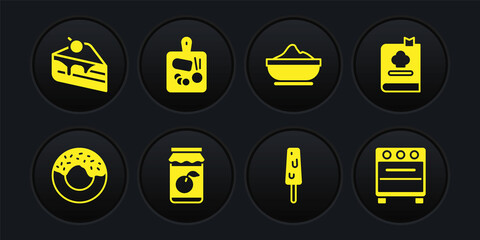 Set Donut, Cookbook, Jam jar, Ice cream, Flour bowl, Cutting board, Oven and Piece of cake icon. Vector