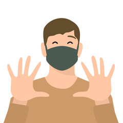 man rejoices over being protected from virus, protection from disease, wearing mask, healthcare, vector illustration