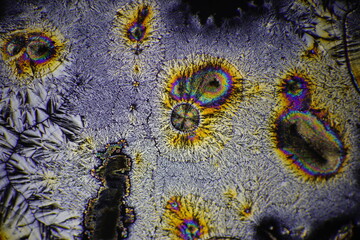Colorful crystals under microscope, polarization colors, polar filters