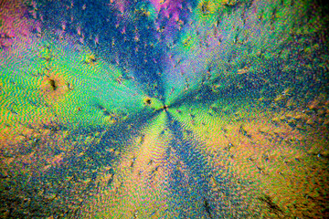 Colorful crystals under microscope, polarization colors, polar filters