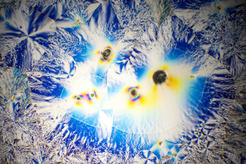 Colorful crystals under microscope, polarization colors, polar filters