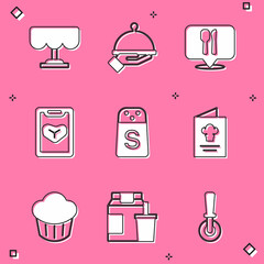 Set Wooden table, Covered with tray of food, Cafe and restaurant location, Restaurant cafe menu, Salt, Cookbook, Cupcake and Online ordering delivery icon. Vector