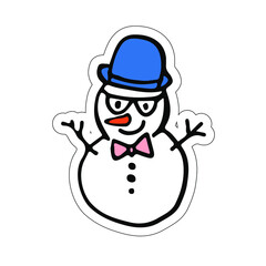 Cute snowman sticker. Hand draw vector illustration