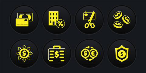 Set Dollar, share, network, Coin money with dollar, Briefcase and, Money exchange, Scissors cutting credit card, House percant discount, Shield and Credit icon. Vector