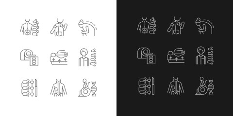 Scoliosis causes linear icons set for dark and light mode. Spine disorder. Spinal column surgical correction. Customizable thin line symbols. Isolated vector outline illustrations. Editable stroke