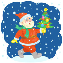 Funny Santa Claus is walking with a decorated Christmas tree in his hands. In cartoon style. On a dark blue background. Vector illustration.