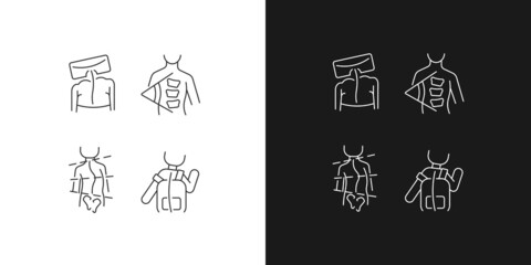 Spine curvature measure linear icons set for dark and light mode. Cobb angle. Spinal curve testing method. Customizable thin line symbols. Isolated vector outline illustrations. Editable stroke
