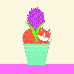 Ginger tabby cat lies in a pot with a hyacinth flower. Vector illustration for festive greeting cards design, textile, wallpapers, print, T-shirts, gift wrap and scrapbooking.